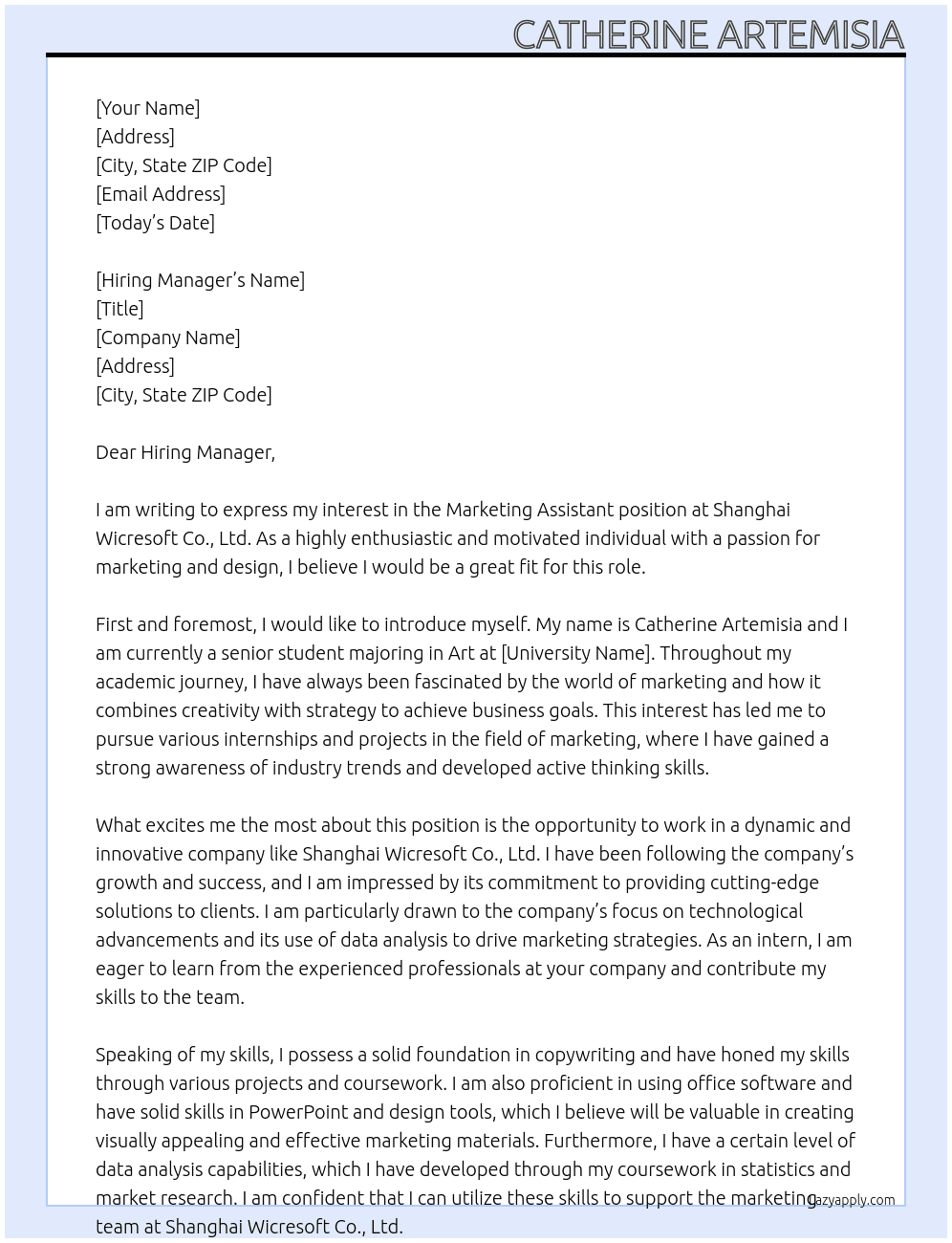 Marketing Assistant At Shanghai Wicresoft Co., Ltd. Cover Letter