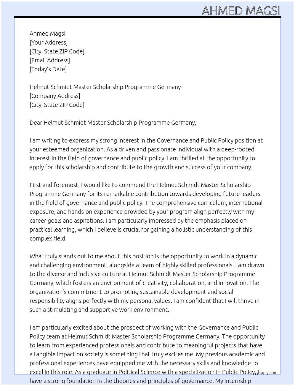 Governance and Public Policy  At Helmut schmidt  Cover Letter