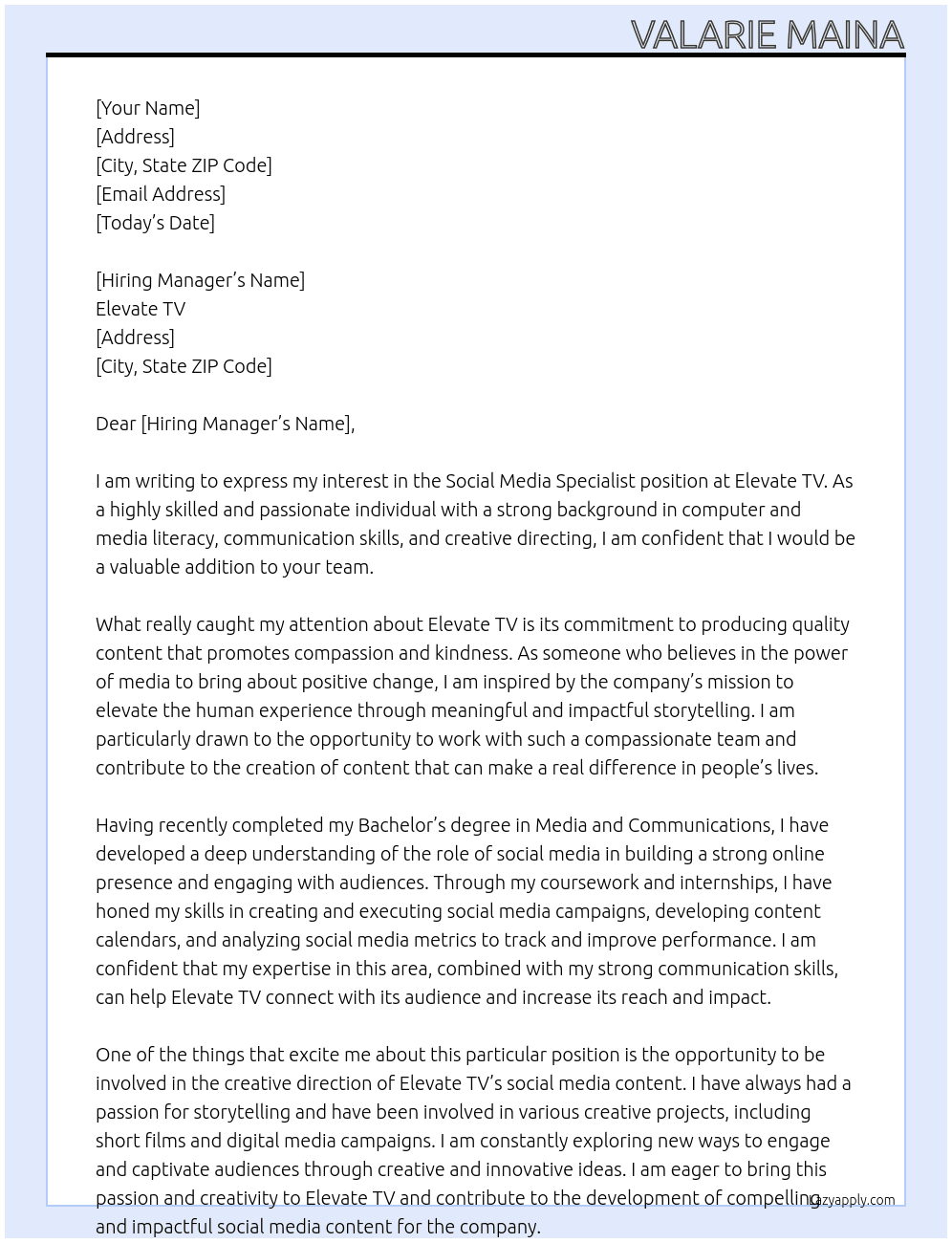 Social media specialist At Elevate TV Cover Letter