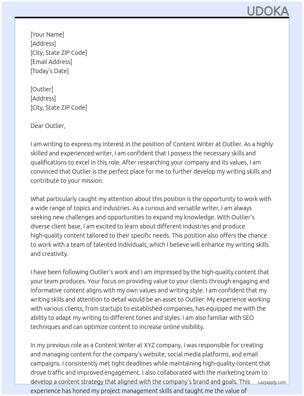 content writer At Outlier Cover Letter