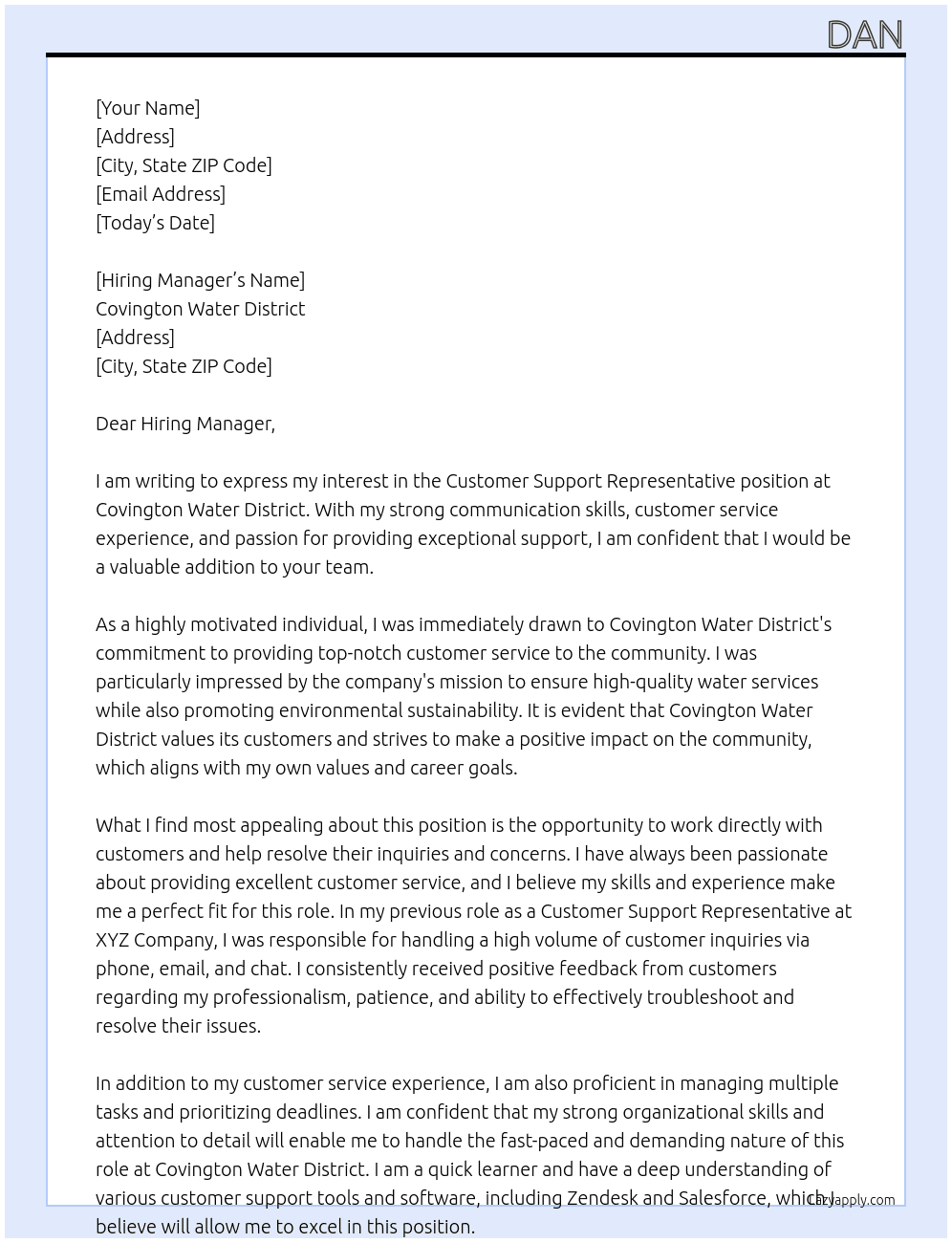 Customer support representative At Covington Water District Cover Letter