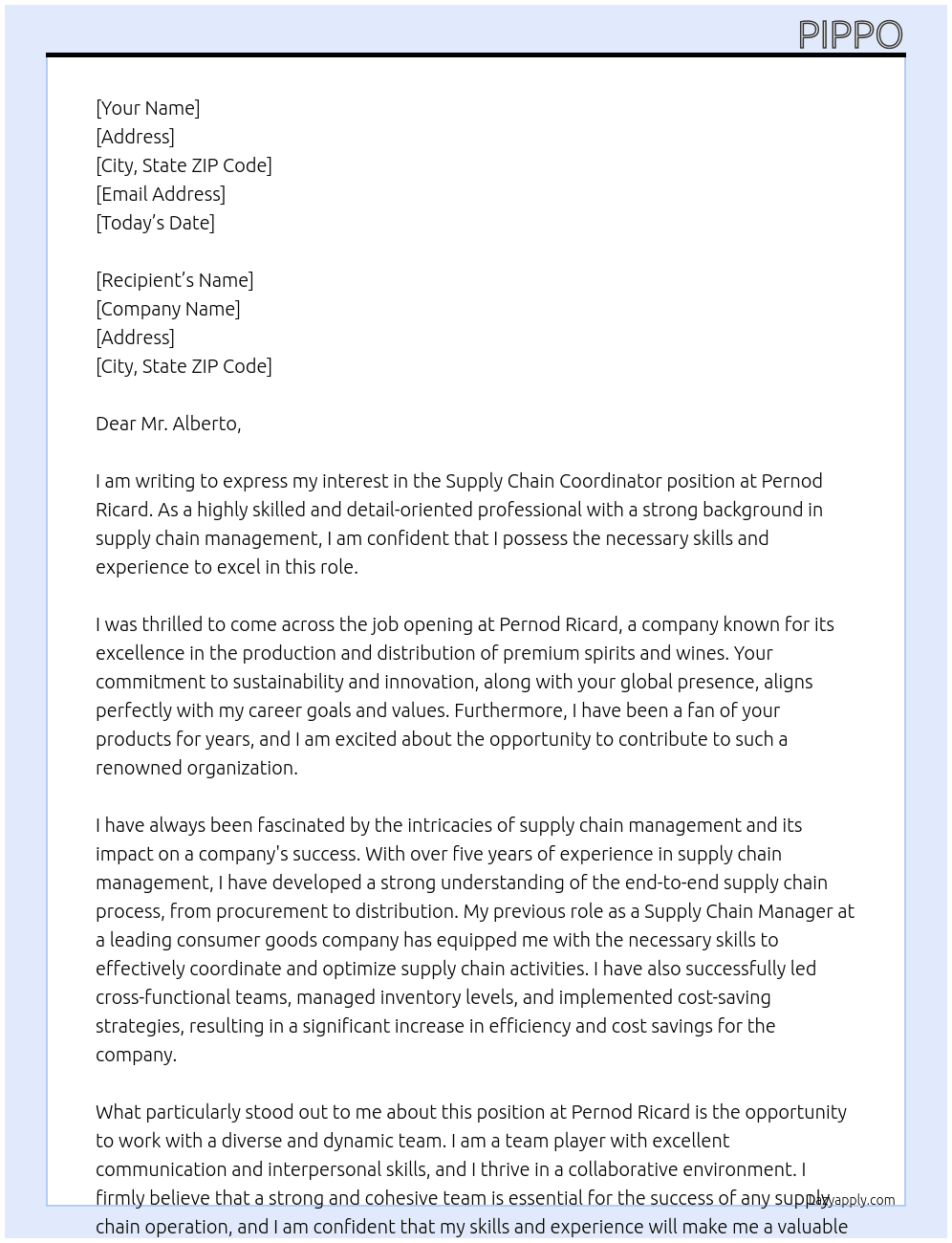 Supply Chain Coordinator At Pernod Ricard Cover Letter