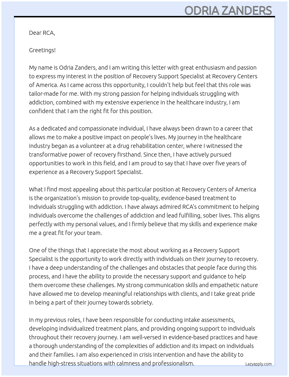 Recovery Support Specialist  At Recovery Centers of America Cover Letter