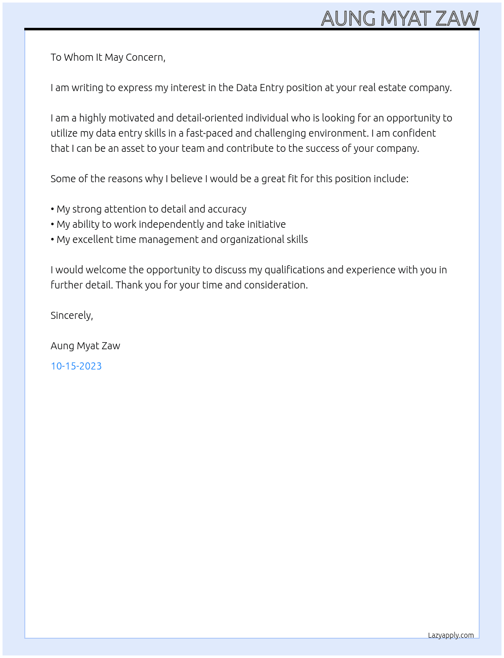 Data Entry At a real estate company Cover Letter