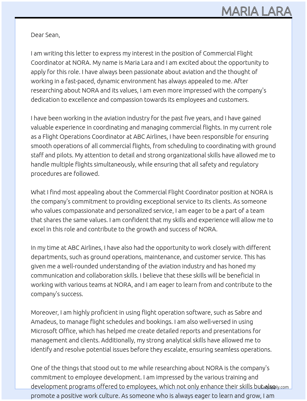 Commercial flight coordinator  At NORA Cover Letter