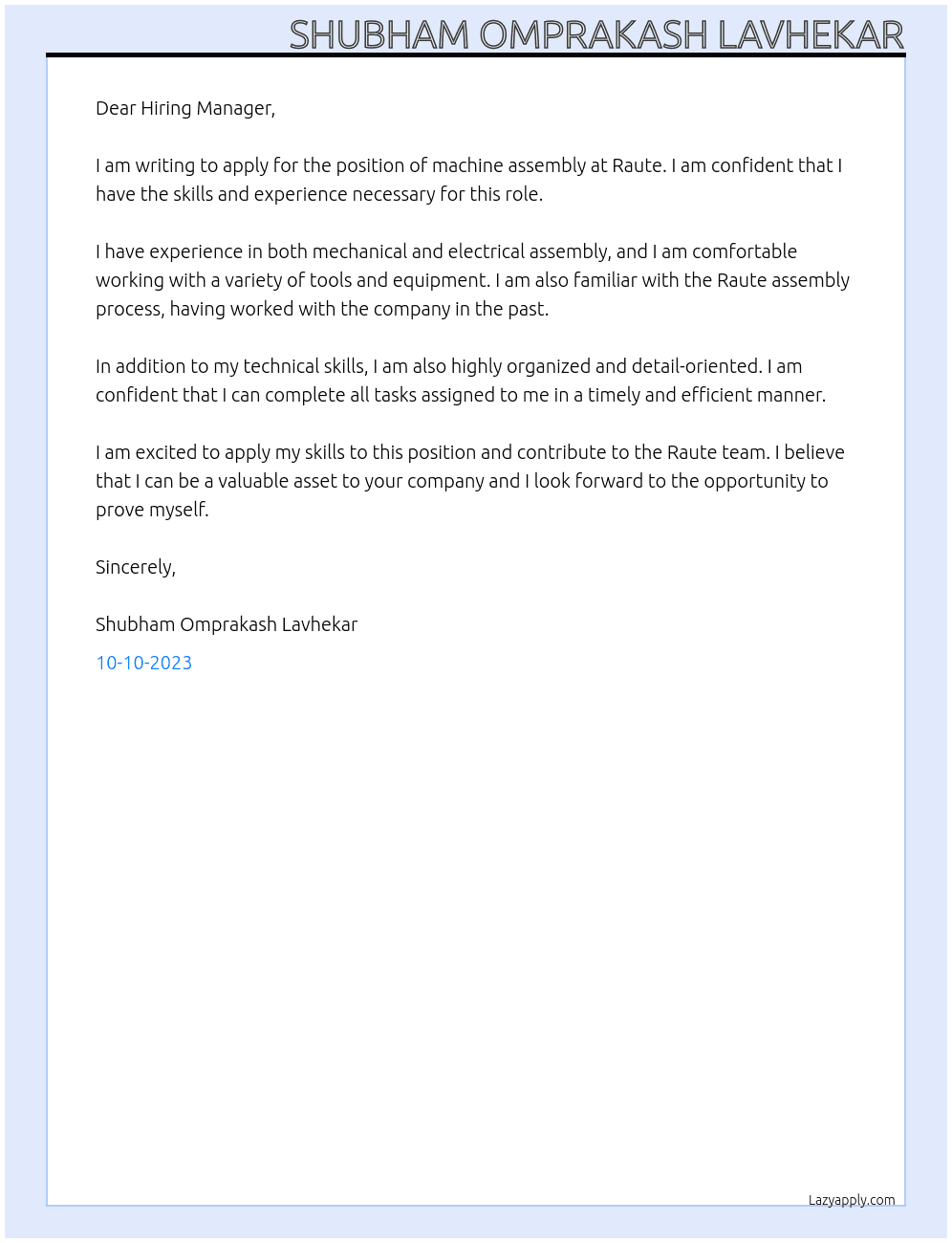 Machine assembly  At Raute Cover Letter