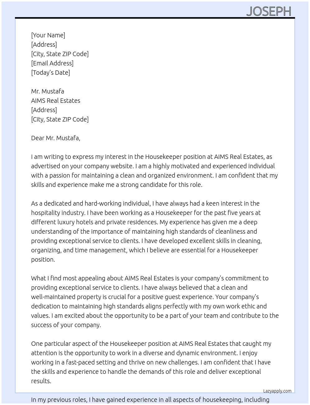 Housekeeper  At AIMS Real Estates  Cover Letter