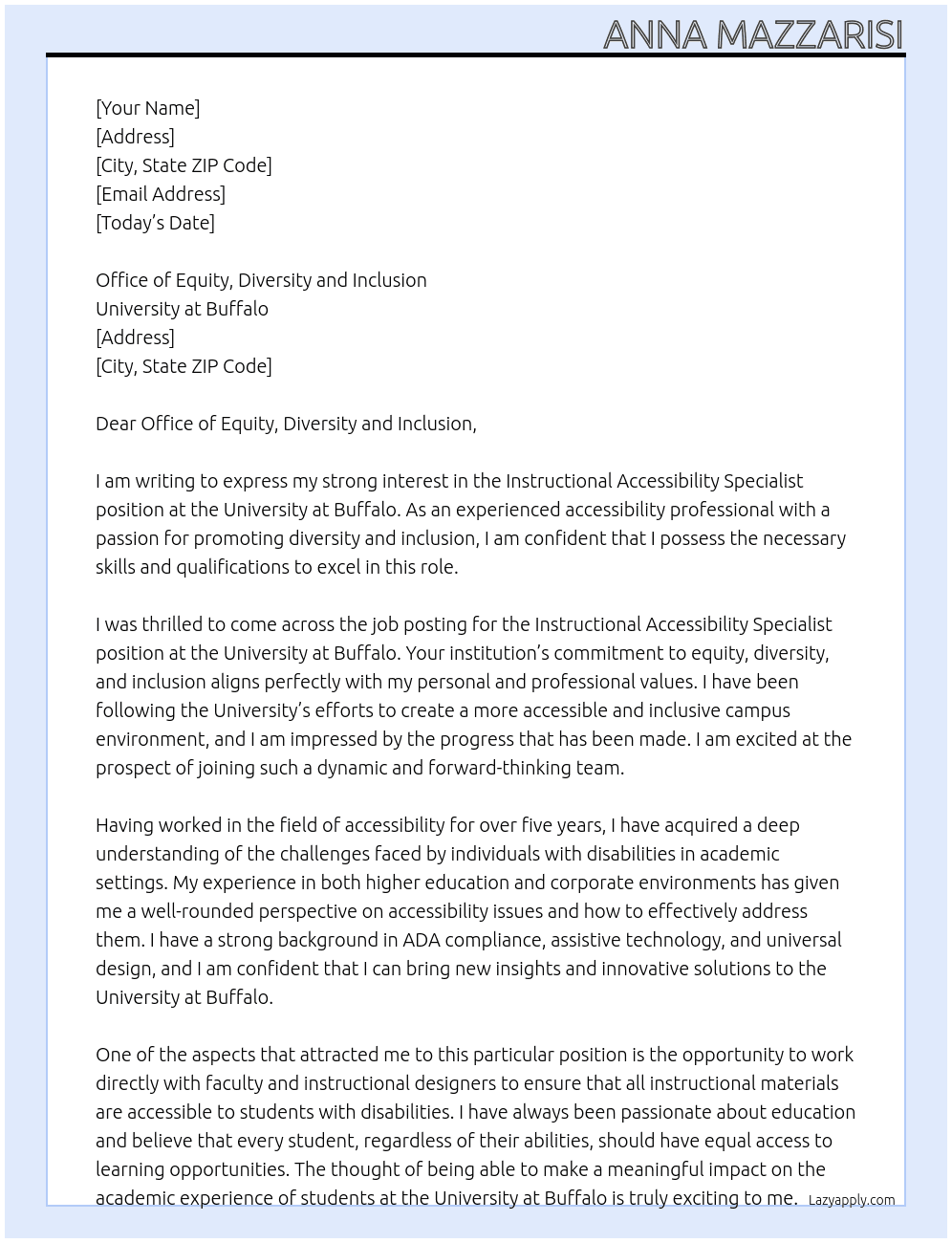 Instructional Accessibility Specialist At University at Buffalo Cover Letter