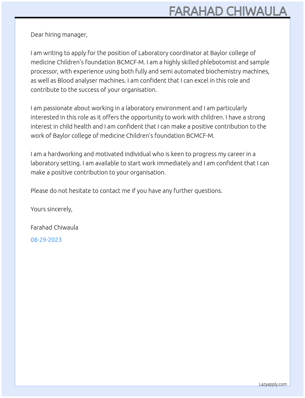 Laboratory assistant At Baylor college of medicine Children's foundation BCMCF-M Cover Letter