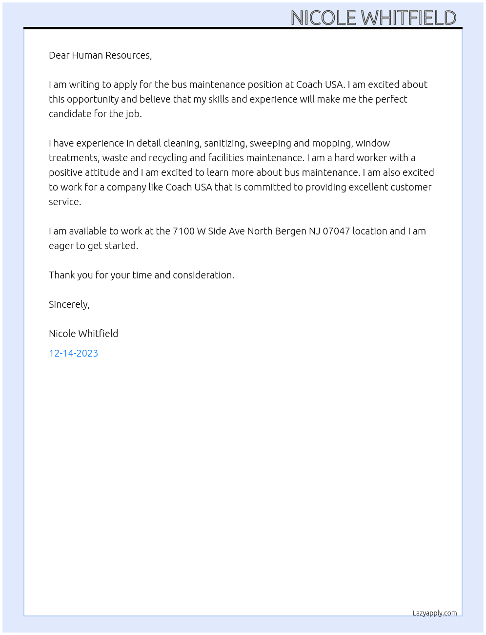 Bus maintenance  At Coach USA Cover Letter