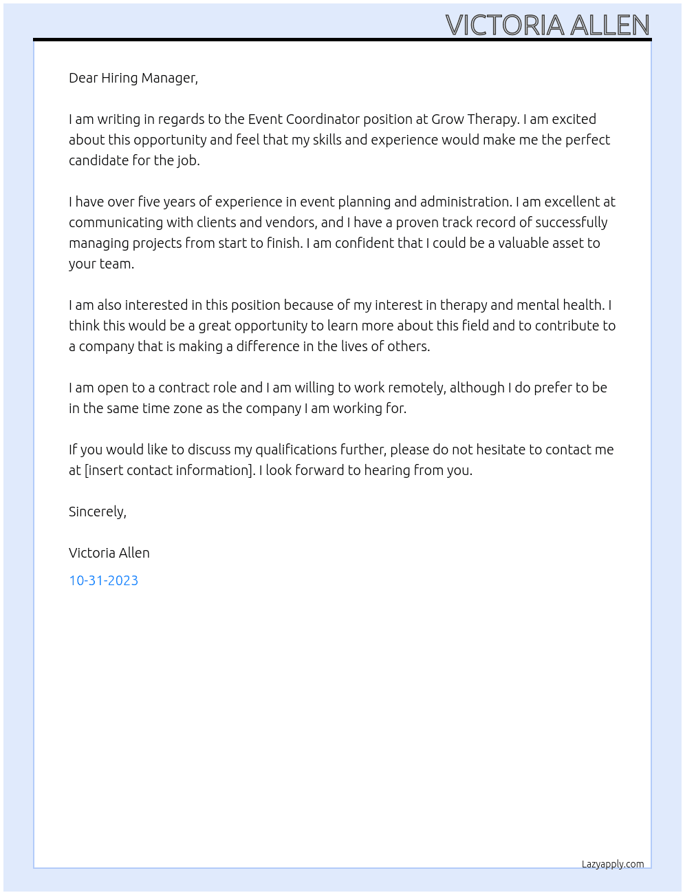 Event Coordinator At Grow Therapy Cover Letter