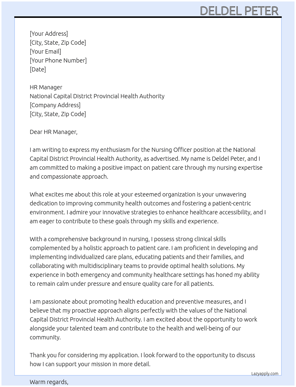 Nursing Officer  At National Capital District Provincial Health Authority  Cover Letter