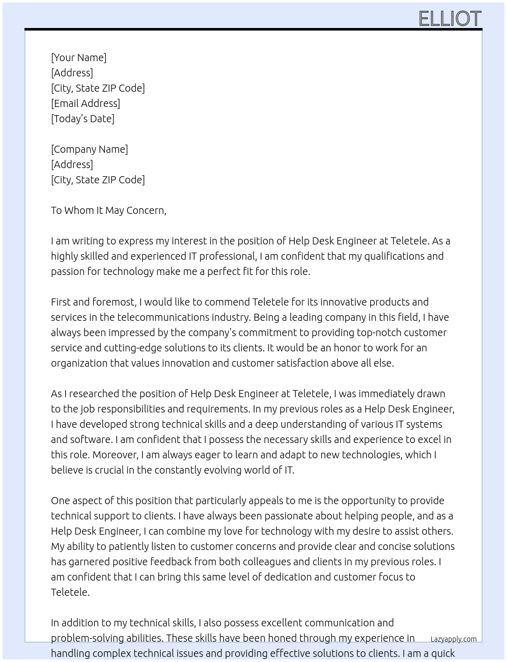 help desk engineer At Teletele Cover Letter