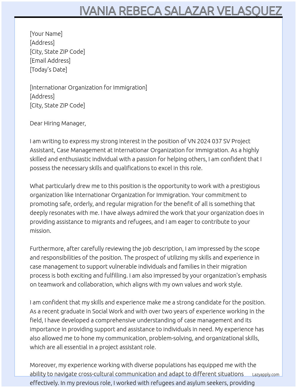 VN 2024 037 SV Project Assistant, Case Management  At Internationar Organization for Immigration Cover Letter