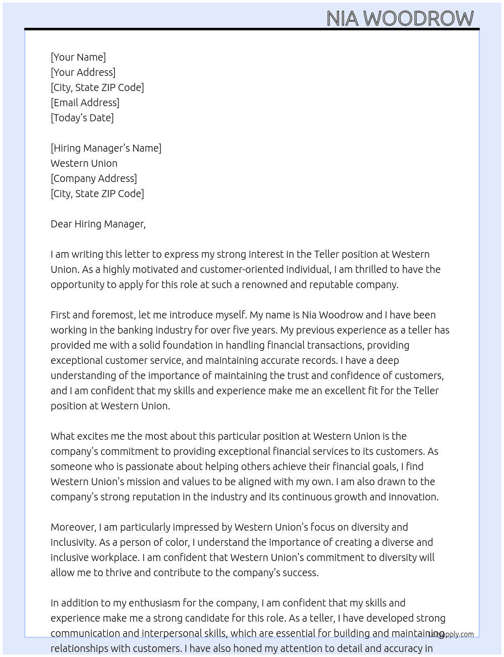 Teller At Western union Cover Letter
