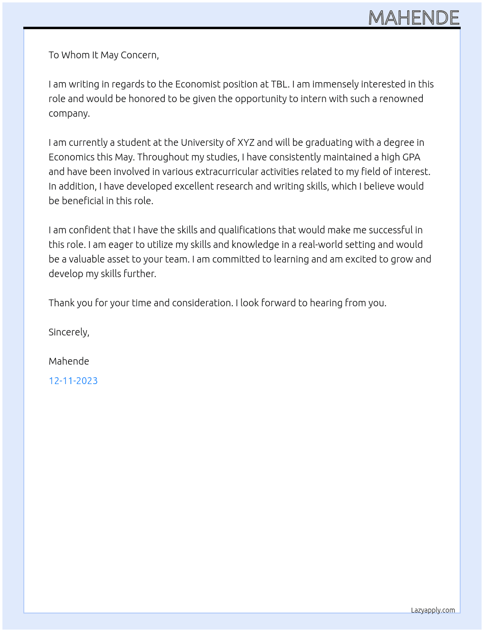 Economist At TBL Cover Letter