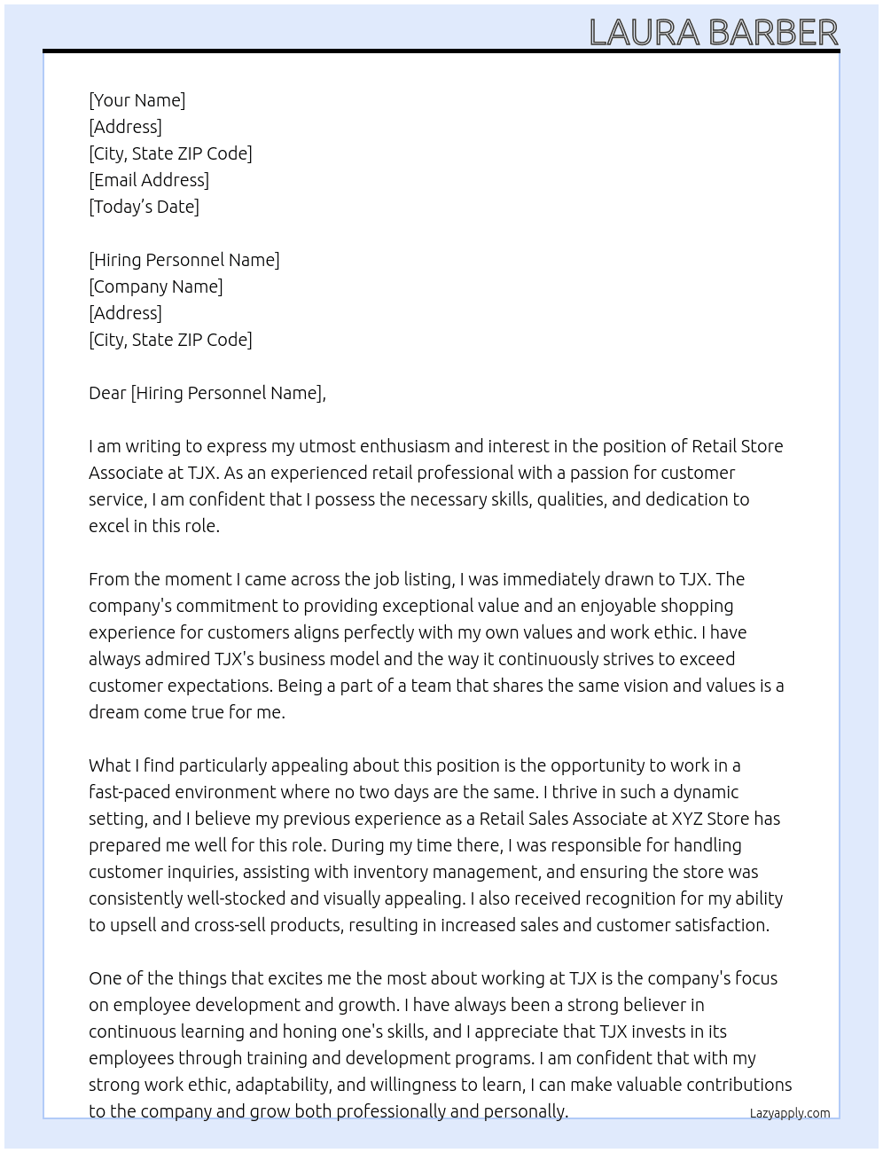 Retail Store Associate  At TJX Cover Letter