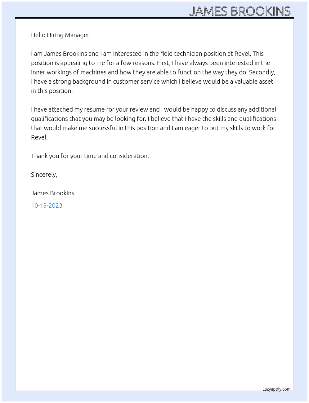 Field technician  At Revel Cover Letter