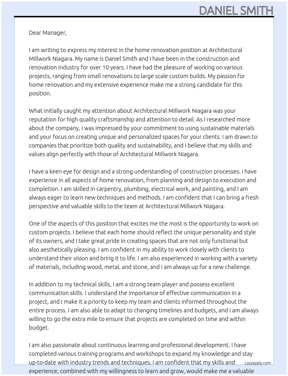 home renovation At Architectural Millwork Niagara Cover Letter