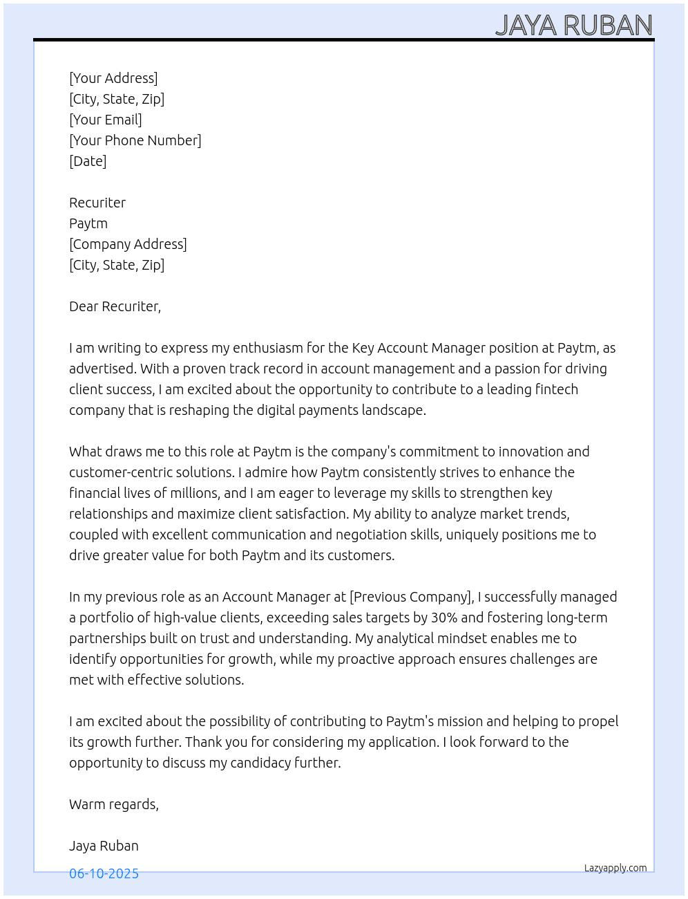 Key Account Manager  At Paytm Cover Letter