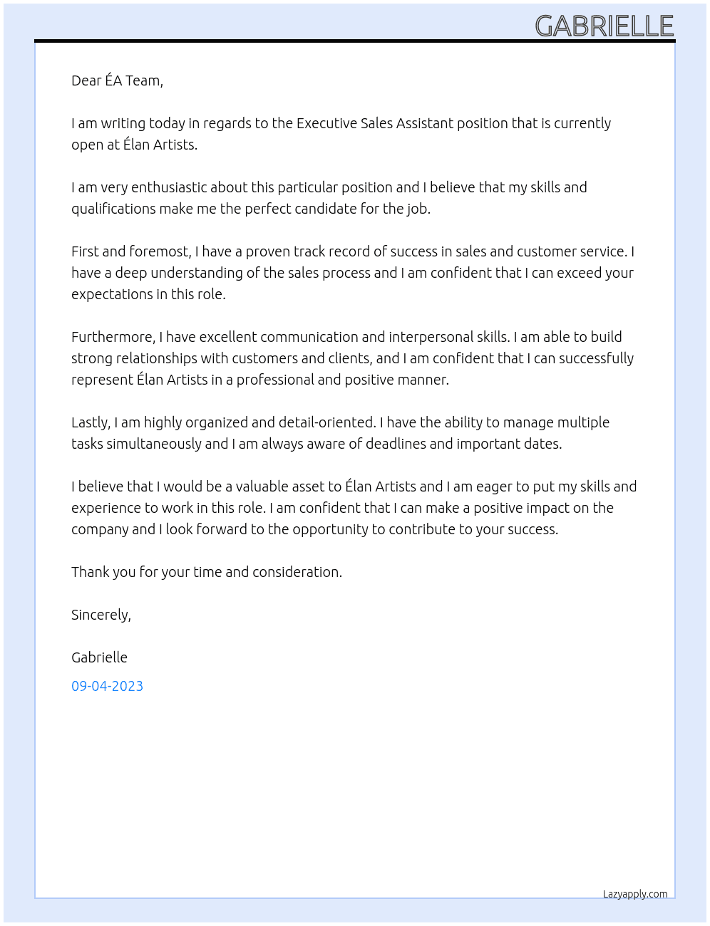 Executive Sales Assistant At Élan Artists Cover Letter