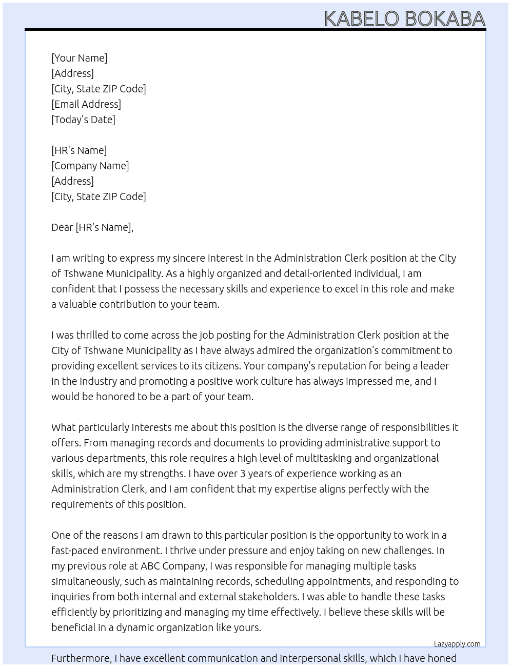 Adminstration clerk At City Of Tshwane Municipality Cover Letter