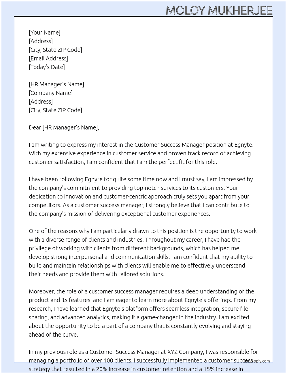 Customer Success Manager At Egnyte Cover Letter
