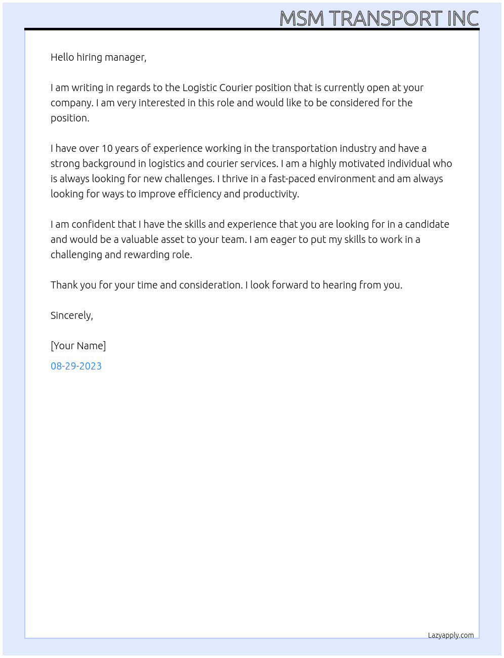 Logistic Courier  At 3rd Party courier Cover Letter