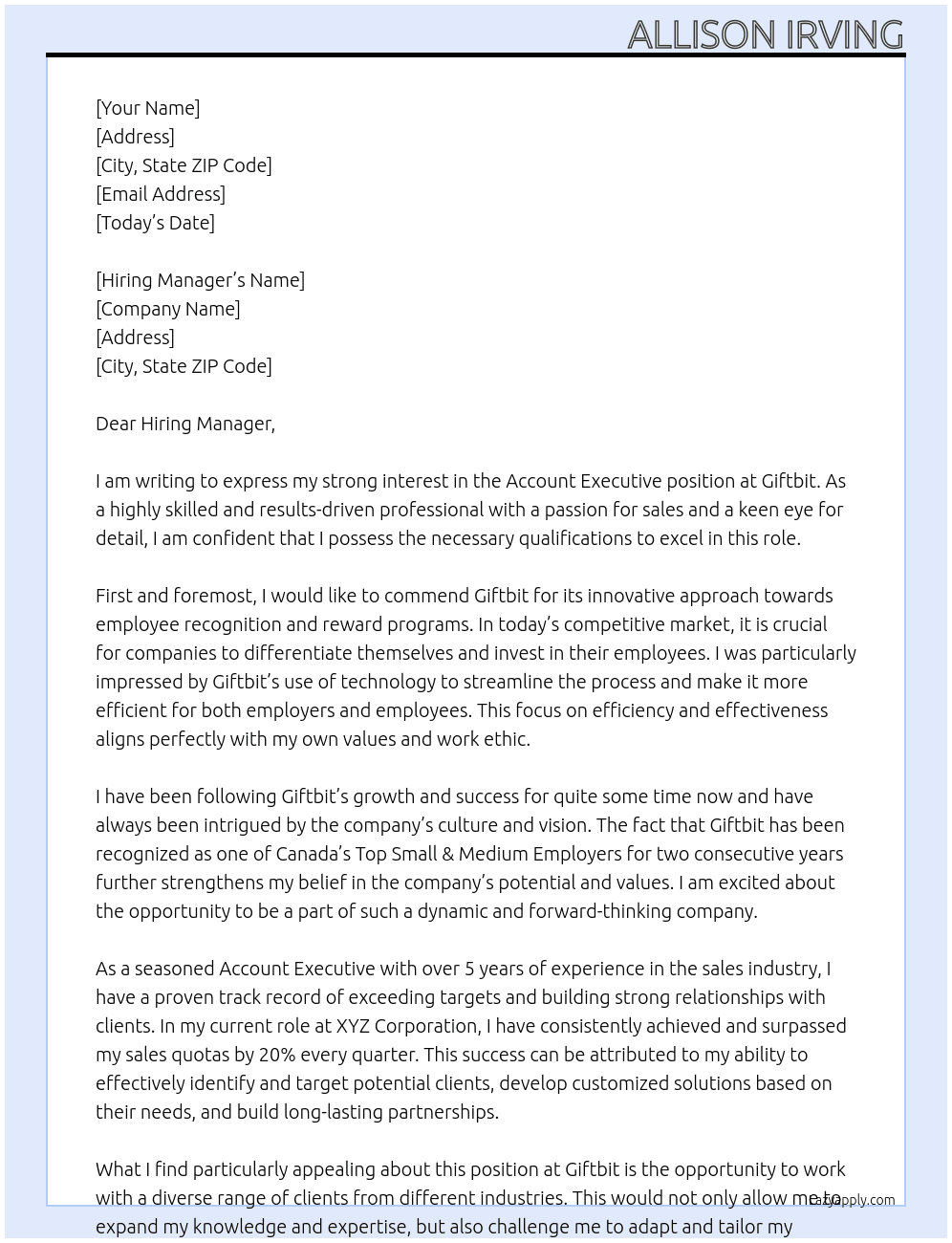 Account Executive At Giftbit Cover Letter