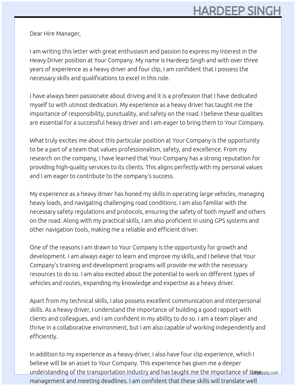 Heavy Driver At Your company Cover Letter