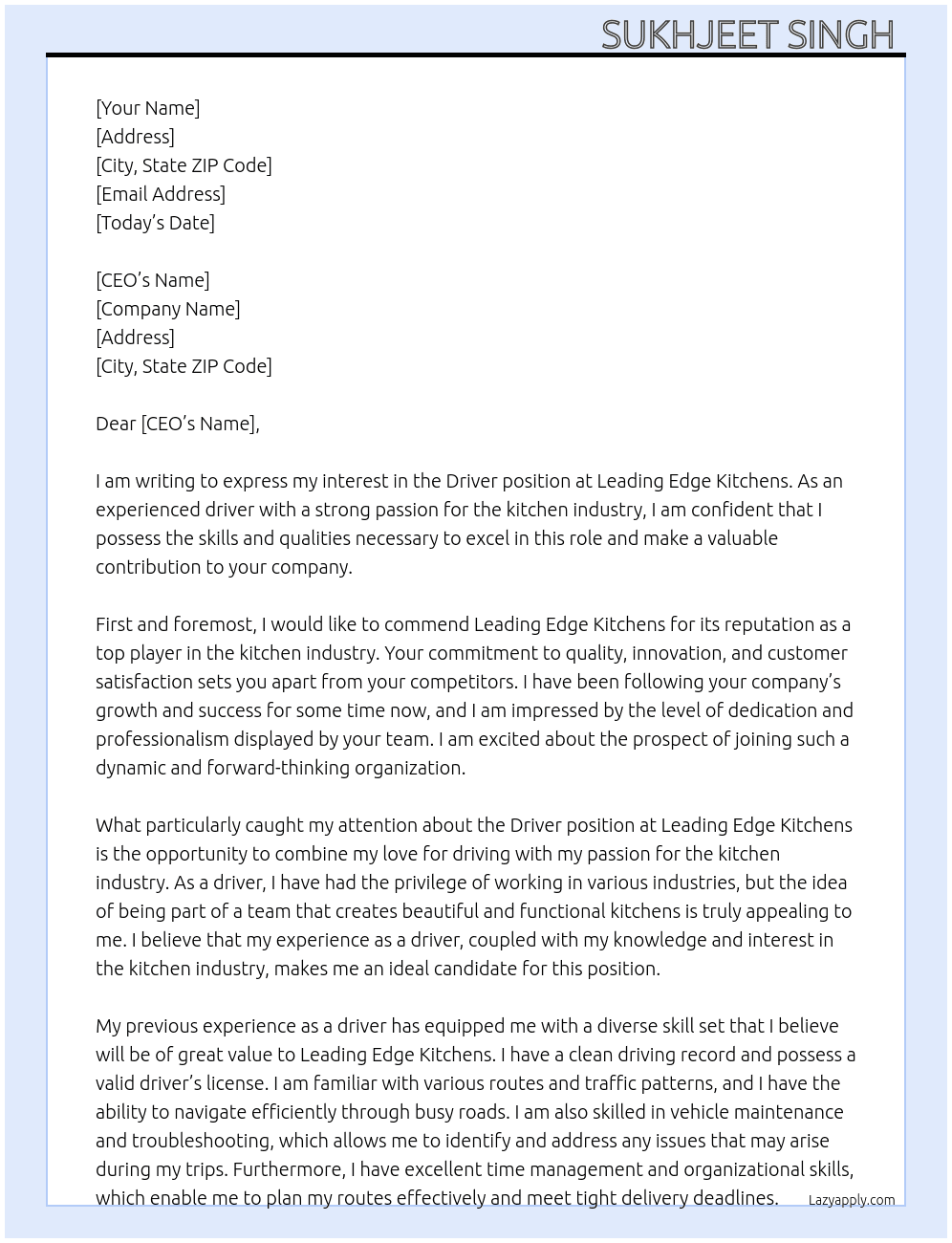 Driver At Leading edge kitchens  Cover Letter