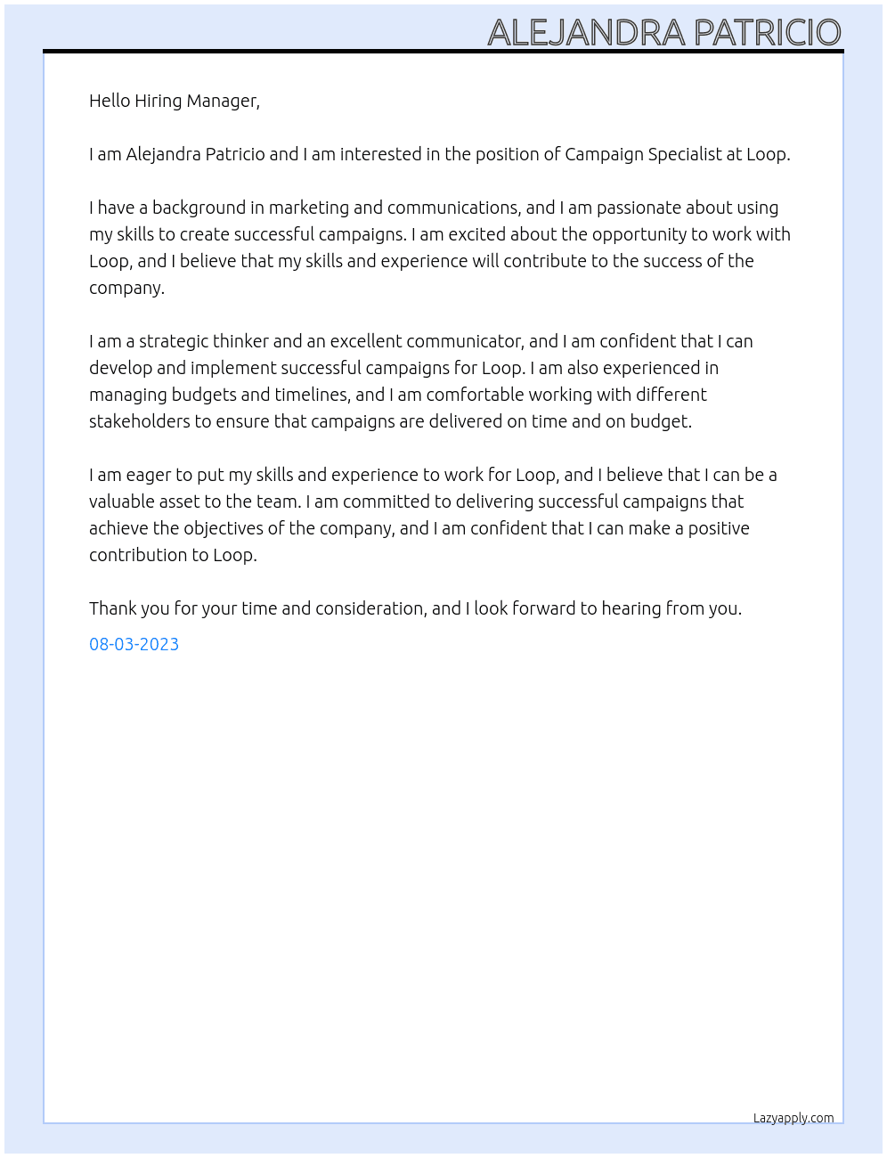 Campaign Specialist At Loop Cover Letter