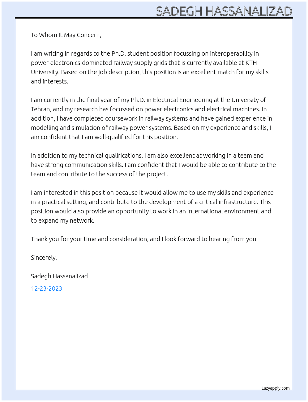 Ph.D. student position focussing on interoperability in power-electronics-dominated railway supply grids At KTH University Cover Letter