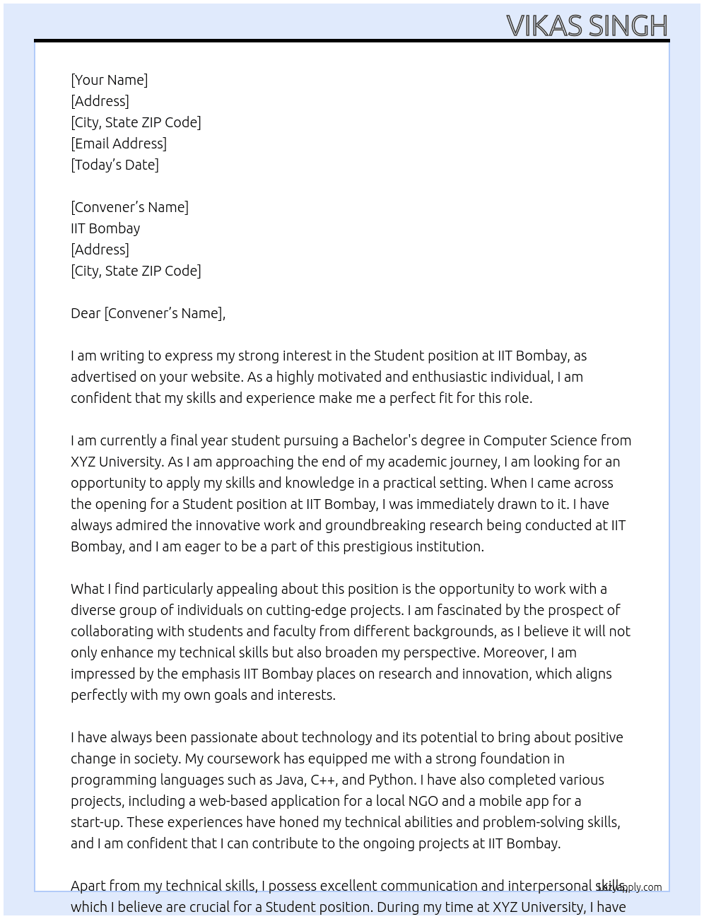 student At iit bombay Cover Letter