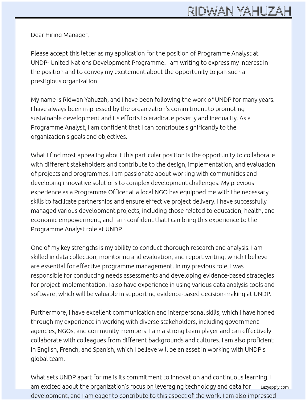 Programme Analyst At UNDP(United Nations Development Programme) Cover Letter