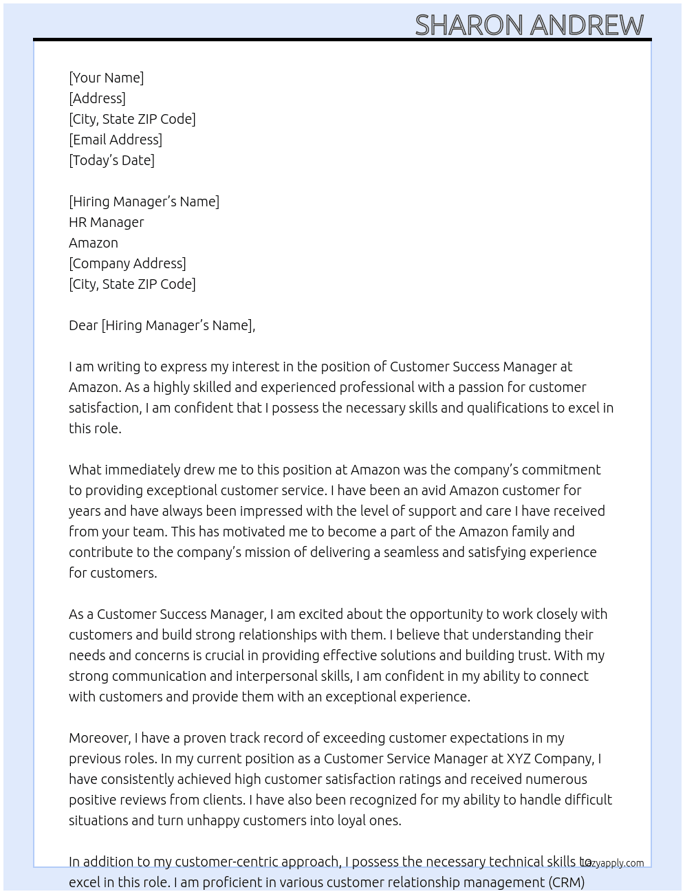 Customer success Manager  At Amazon Cover Letter