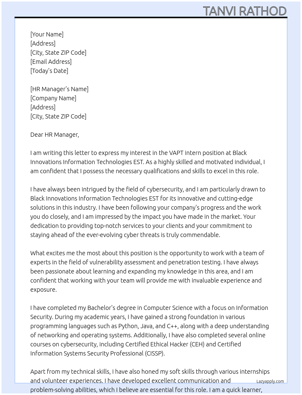 VAPT intern At Black Innovations Information Technologies EST Cover Letter
