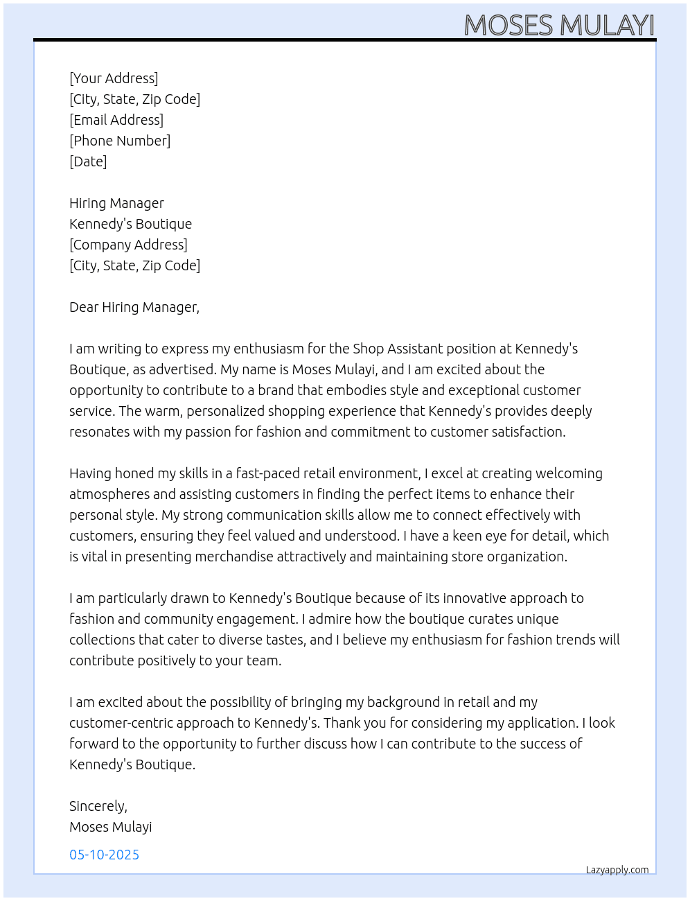Shop Assistant  At Kennedy's Boutique  Cover Letter