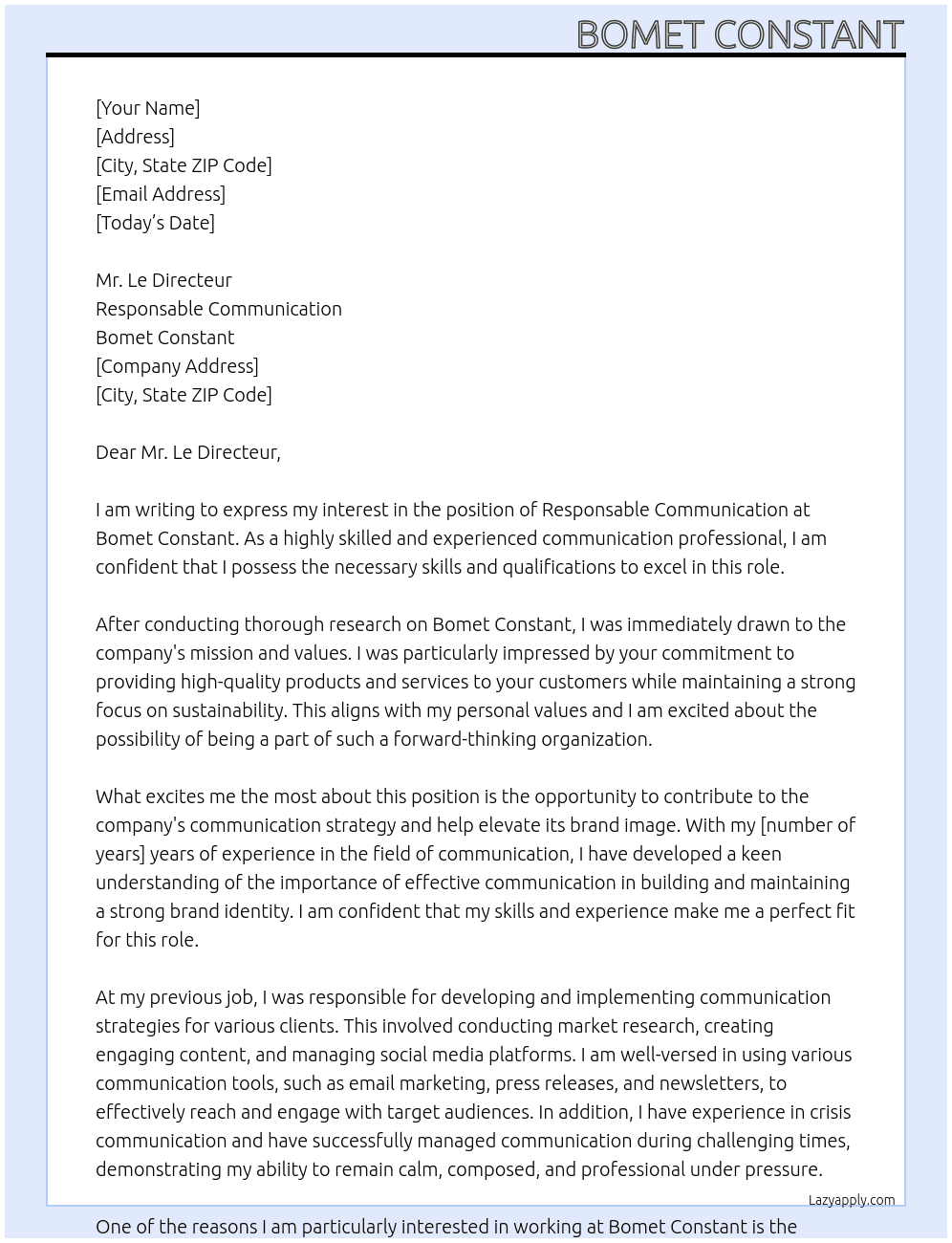 Responsable communication At Bomet Constant Cover Letter