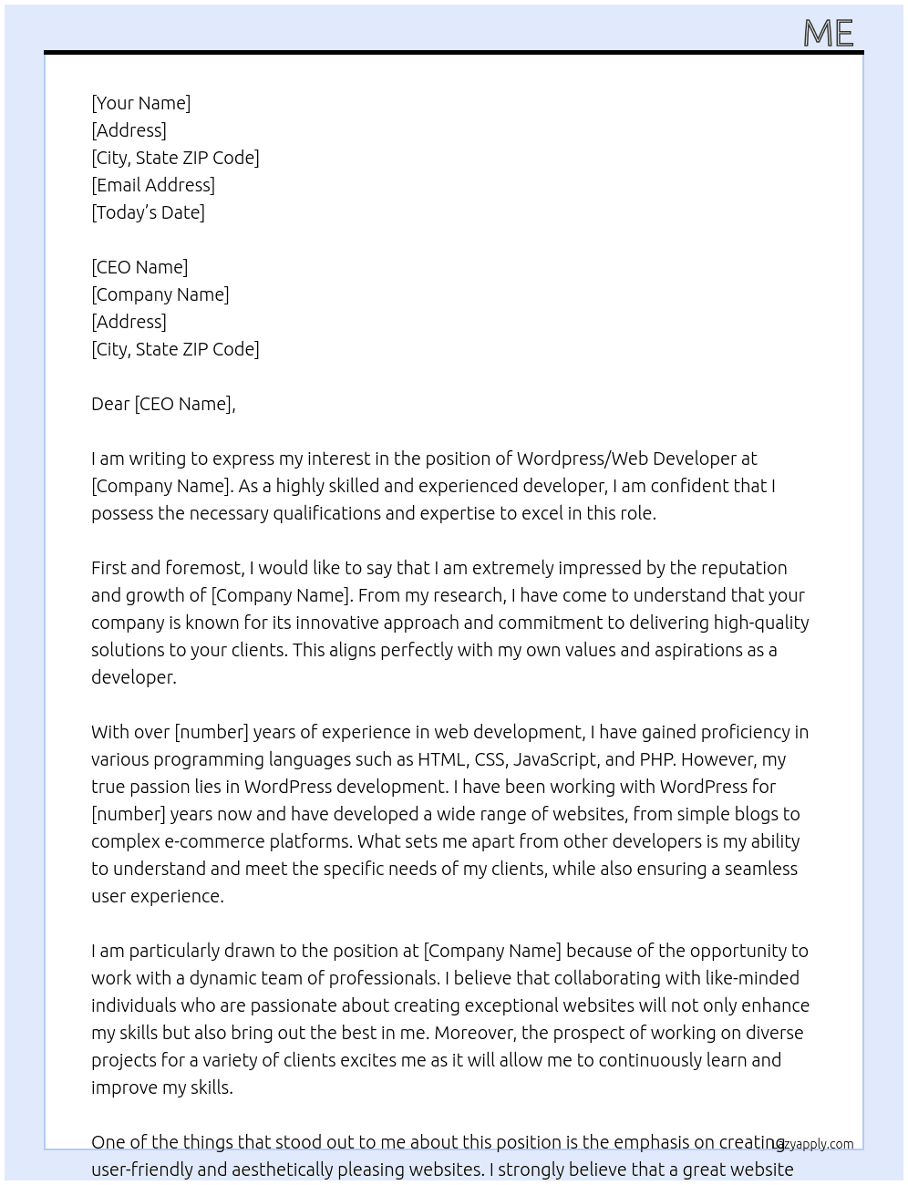 Wordpress/ Web Developer  At comp Cover Letter