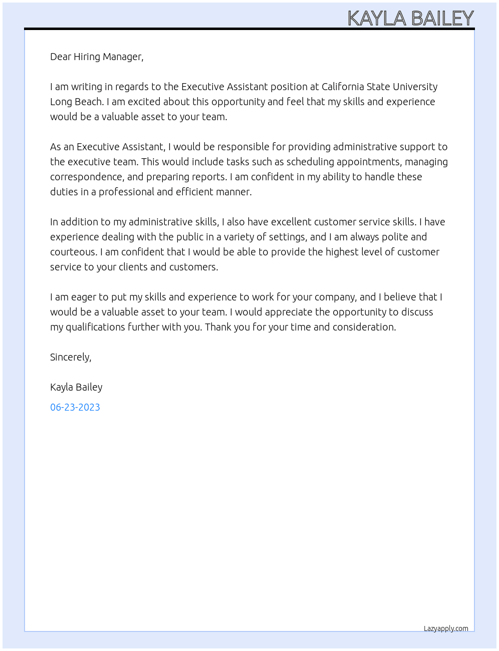 Executive Assistant  At California State University Long Beach Cover Letter