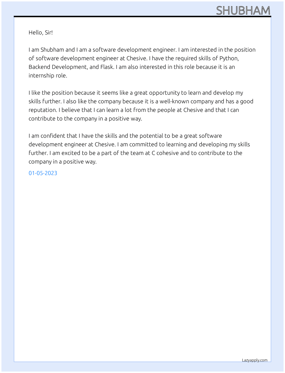Software Development Engineer At Chesive Cover Letter