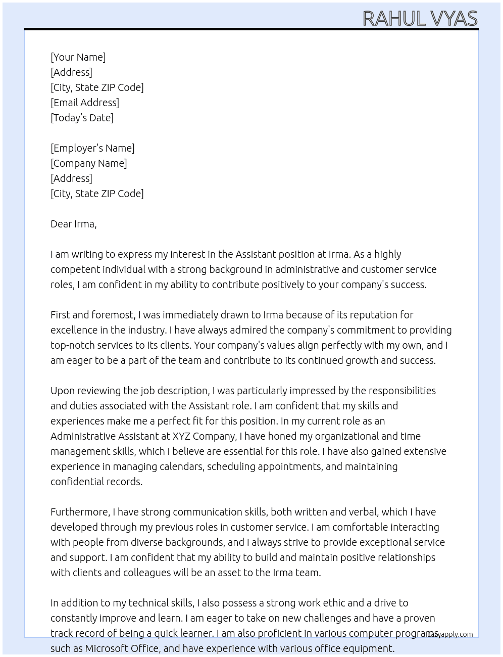 Assistant At IRMA Cover Letter