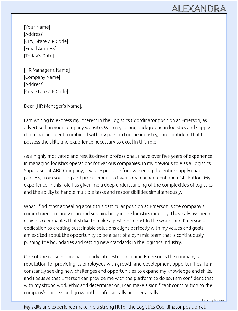 Logistics Coordinator At Emerson Cover Letter