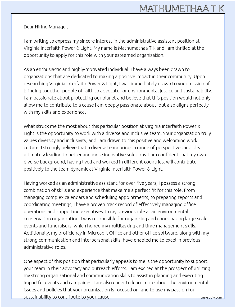 Administrative Assistant At Virginia Interfaith Power & Light Cover Letter