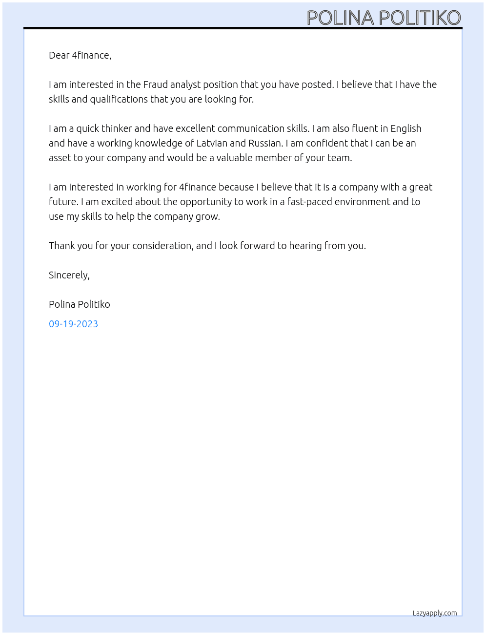 Fraud analyst  At 4finance Cover Letter