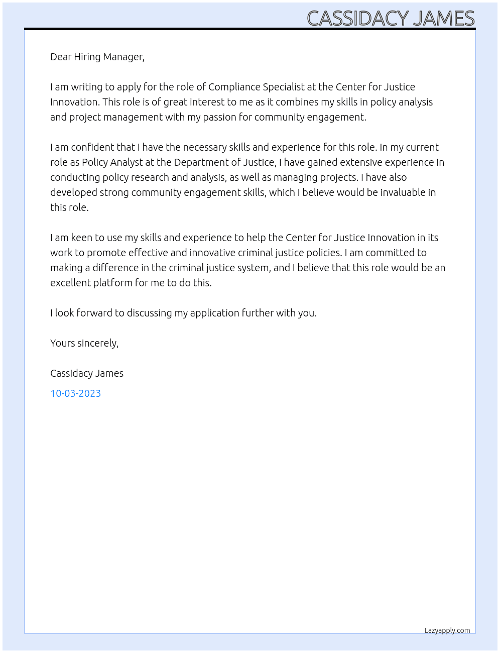 Compliance Specialist  At Center for Justice Innovation  Cover Letter