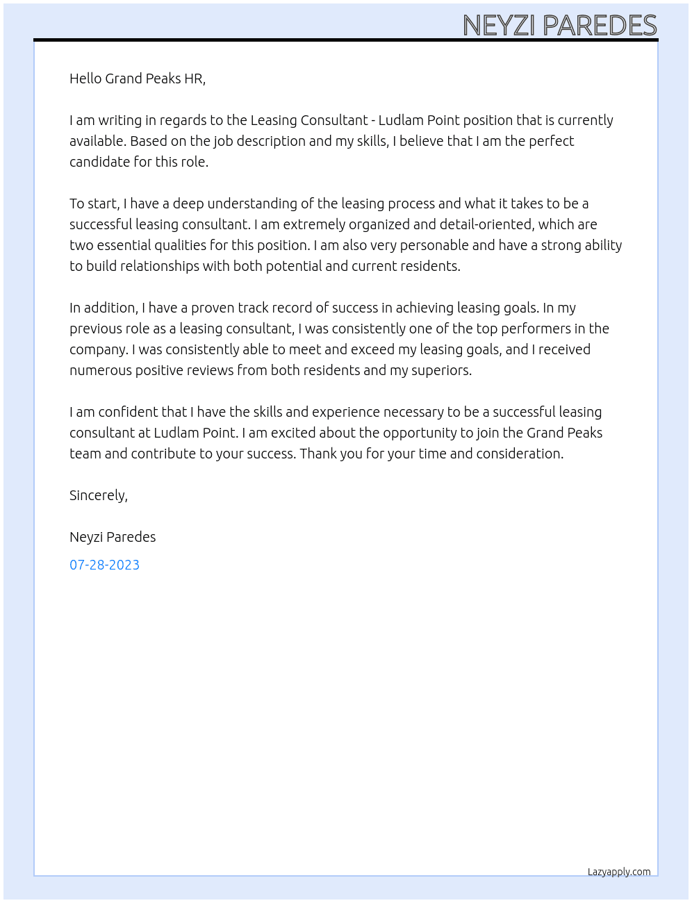 Leasing Consultant - Ludlam Point At Grand Peaks Cover Letter