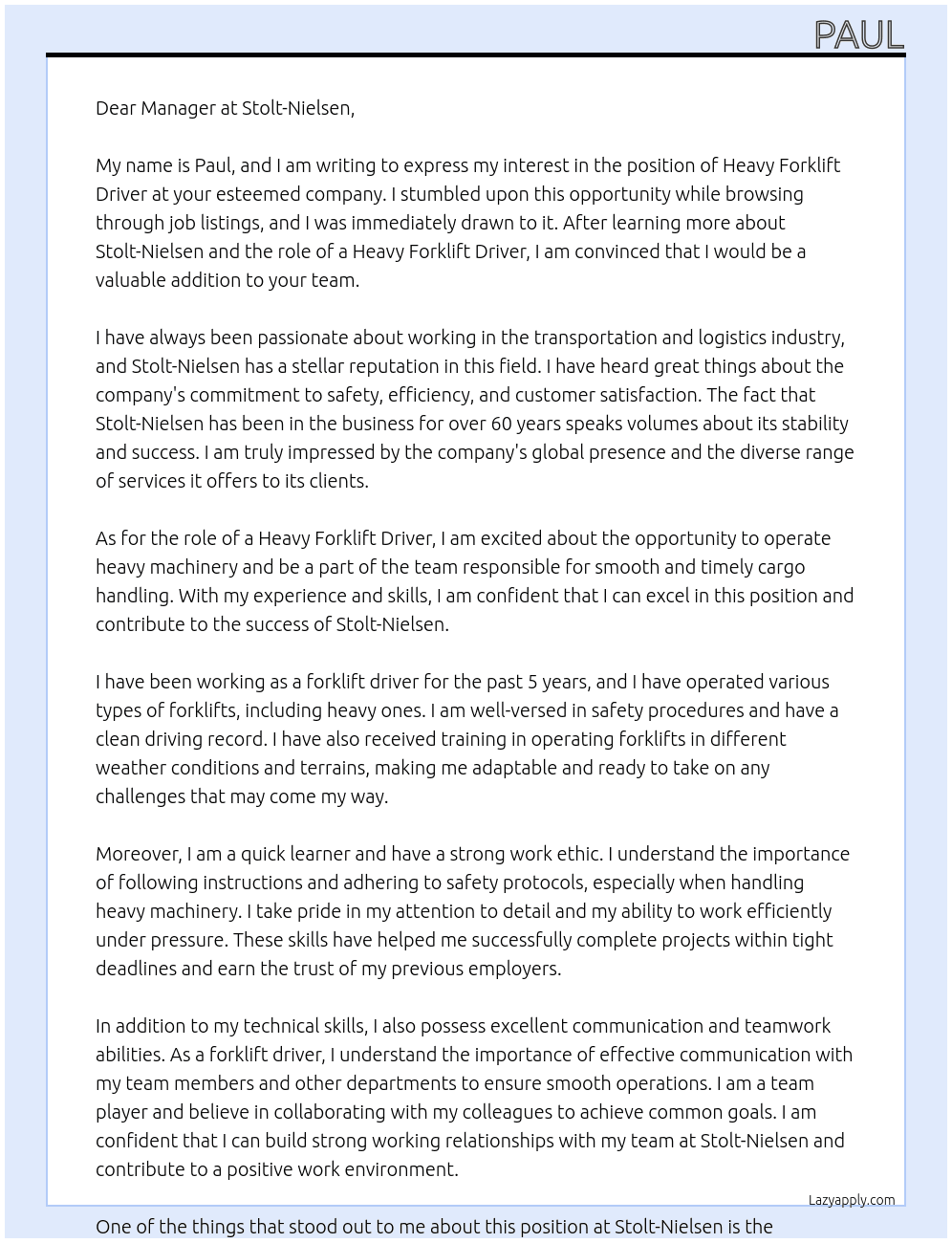 Heavy Forklift Driver At Stolt-Nielsen Cover Letter