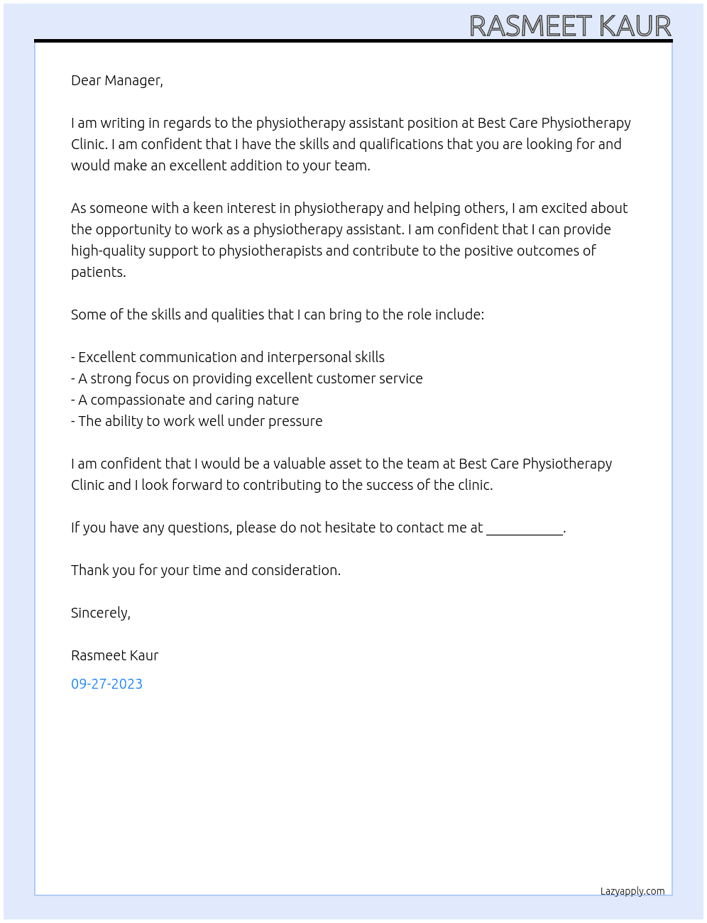 physiotherapy assistant At Best care physiotherapy clinic Cover Letter